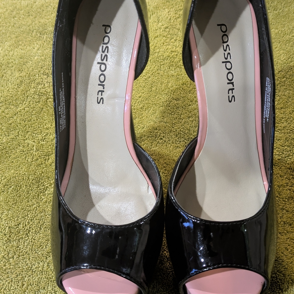 Passport Black and Pink Peep-Toe Heels